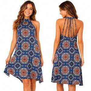 Vantiy Boho Mosaic Halter Swing Dress Open Back M